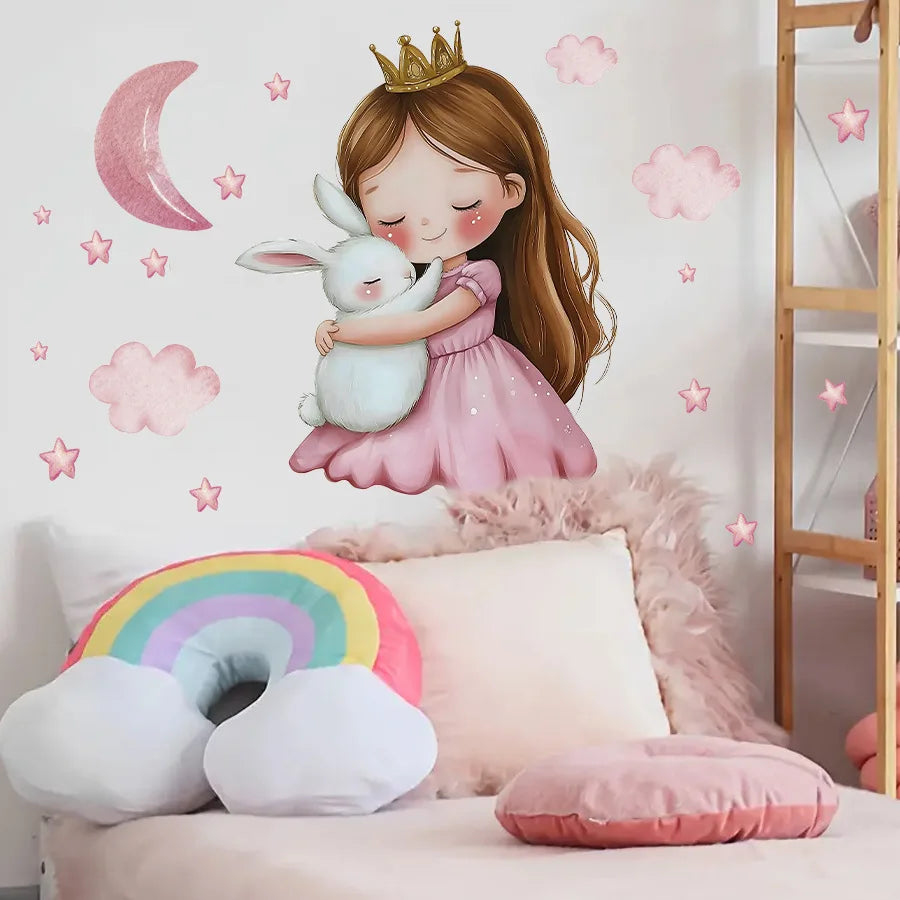 Cute Cartoon Girl Hugging Rabbit Wall Sticker Nursery Kids Room Decor Removable Self-Adhesive Home Art Decal-HomeDecorDecals_com