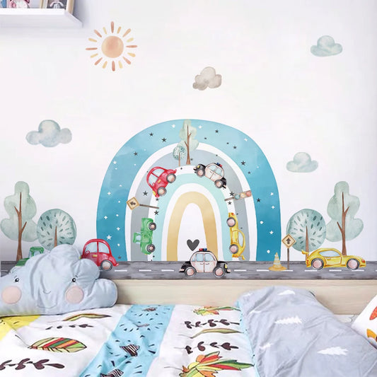 Educational Road Wall Stickers With Colorful Cars Traffic Light And Trees self-adhesive Decals For Bedroom Living Room Decor-HomeDecorDecals_com