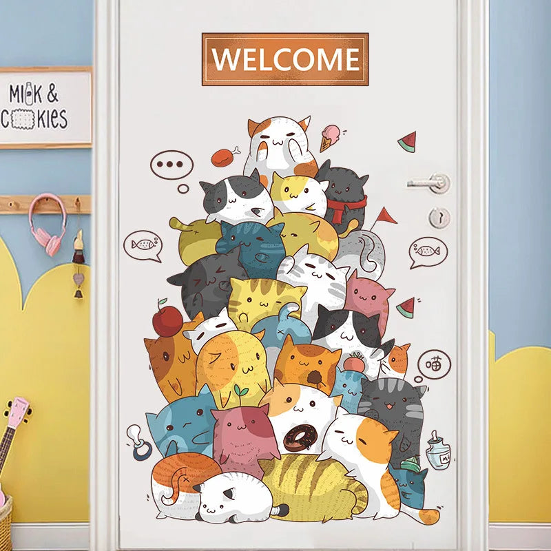 2PCS Cartoon Naughty Cats Stacked Arhats Wall Stickers Kindergarten Children'S Room Wall Decoration Fun Wallpaper-HomeDecorDecals_com