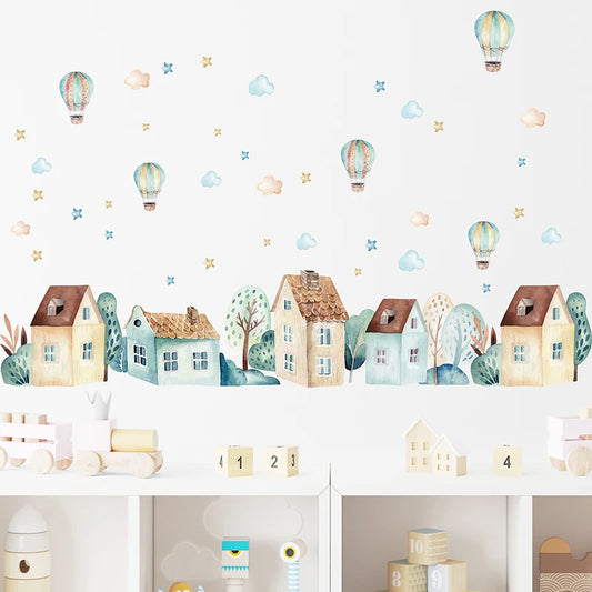 Watercolor House Hot Air Balloon Baseboard Wall Stickers for Kids Room Bedroom Living Room Wall Decals Home Decorative Stickers-HomeDecorDecals_com