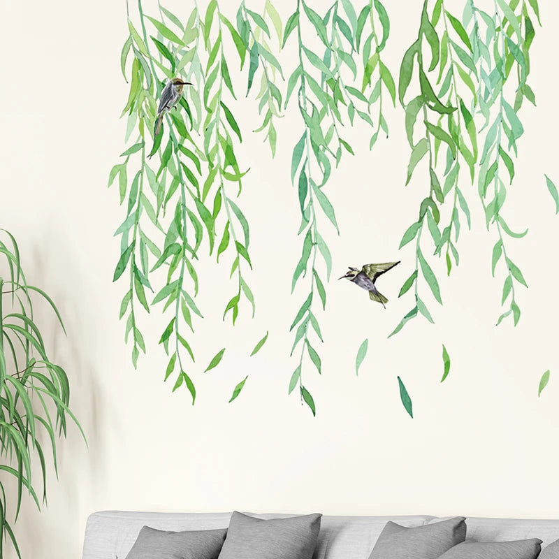 Hand-Painted Willow Branch Leaves and Birds Wall Decal | Home Decor design details by HomeDecorDecals.