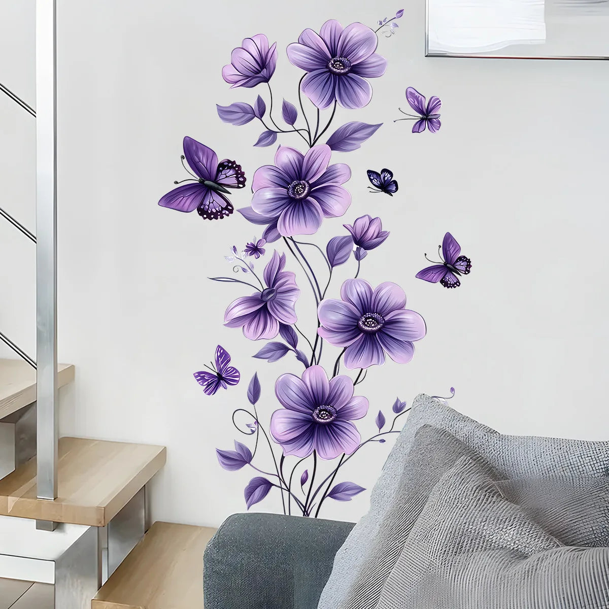1PCS Purple Flowers Green Plants Butterfly Bedroom Living Room Wall Decoration Wall Stickers Home Accessories Self-Adhesive-HomeDecorDecals_com