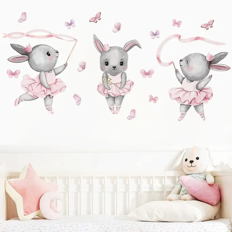 Cartoon Three Gray Rabbits Dancing Ballet Butterfly Wall Stickers for Kids Room Bedroom Nursery Home Decoration Wall Decal-HomeDecorDecals_com
