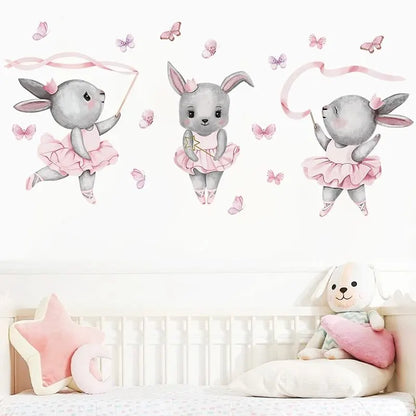 Cartoon Three Gray Rabbits Dancing Ballet Butterfly Wall Stickers for Kids Room Bedroom Nursery Home Decoration Wall Decal-HomeDecorDecals_com