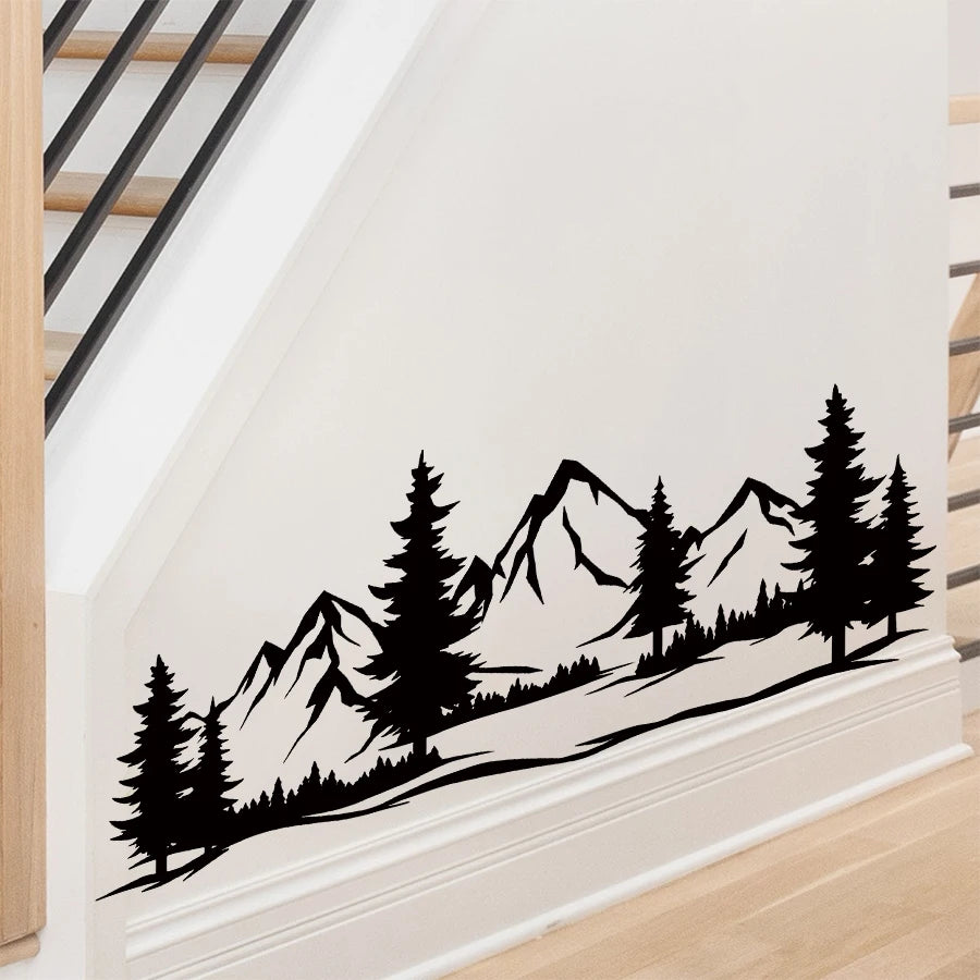 Black Mountain Pine Tree Wall Sticker, Scandinavian Silhouette Decal, Removable Nature Theme Art For Bedroom Living Room-HomeDecorDecals_com