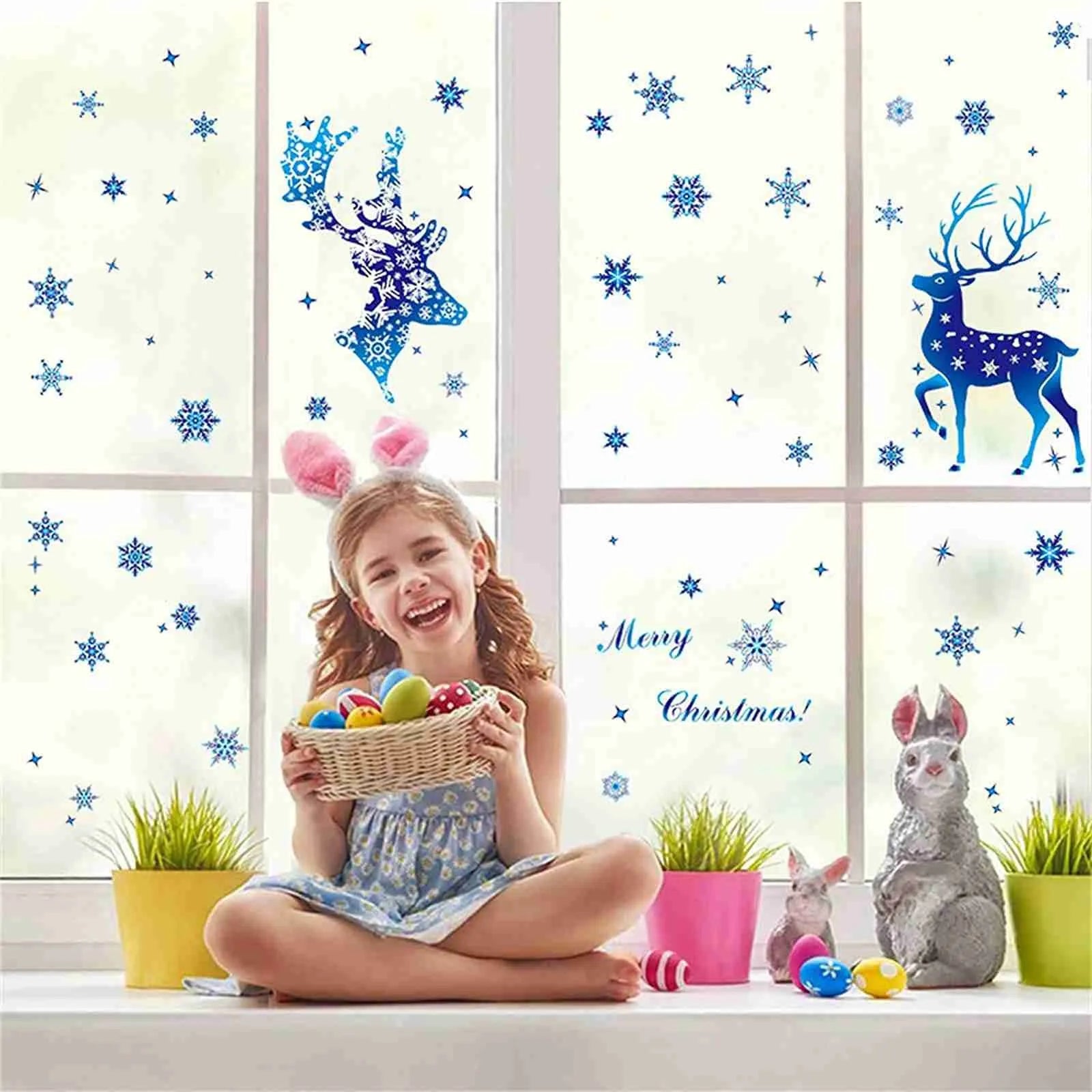 Christmas Window Clings Ornament Snowflake Sticker Glass Window Decoration Sticker Christmas Blue Snowflake Elk Wall Sticker-HomeDecorDecals_com