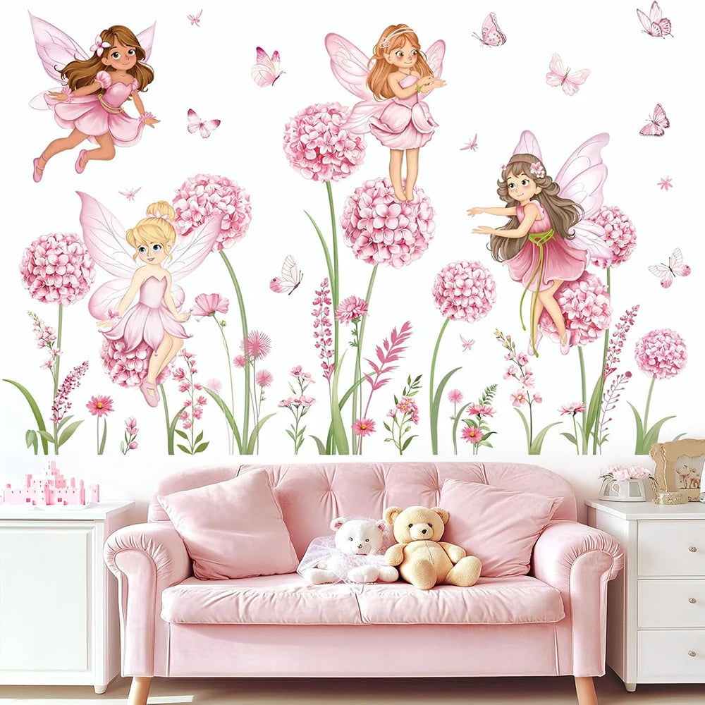 Close-up view of Cartoon Pink Flower Fairy and Dandelion Wall Decal | Home Decor by HomeDecorDecals.
