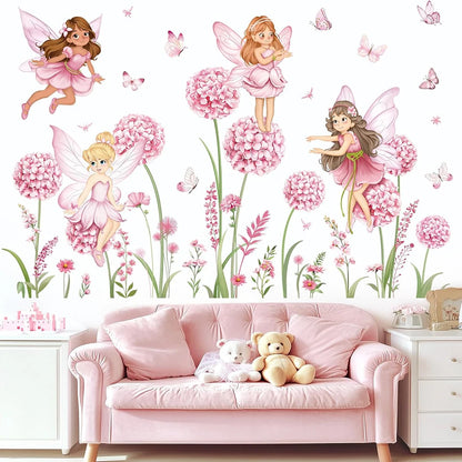Close-up view of Cartoon Pink Flower Fairy and Dandelion Wall Decal | Home Decor by HomeDecorDecals.
