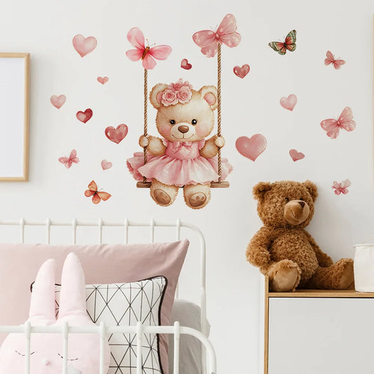 Cartoon Bear Swing Butterfly Wall Stickers Child Room Background Decoration Mural Kids Bedroom Home Decor Self-adhesive Decals-HomeDecorDecals_com