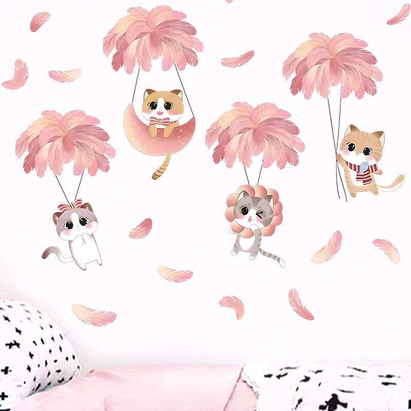 Hand-paint Pink Feather Balloon Cute Cats Cartoon Wall Stickers for Kids Room Baby Nursery Wall Decals Home Decorative Stickers-HomeDecorDecals_com
