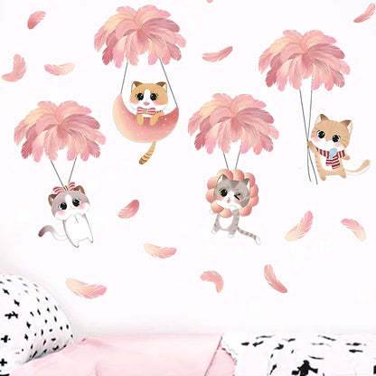 Hand-paint Pink Feather Balloon Cute Cats Cartoon Wall Stickers for Kids Room Baby Nursery Wall Decals Home Decorative Stickers-HomeDecorDecals_com
