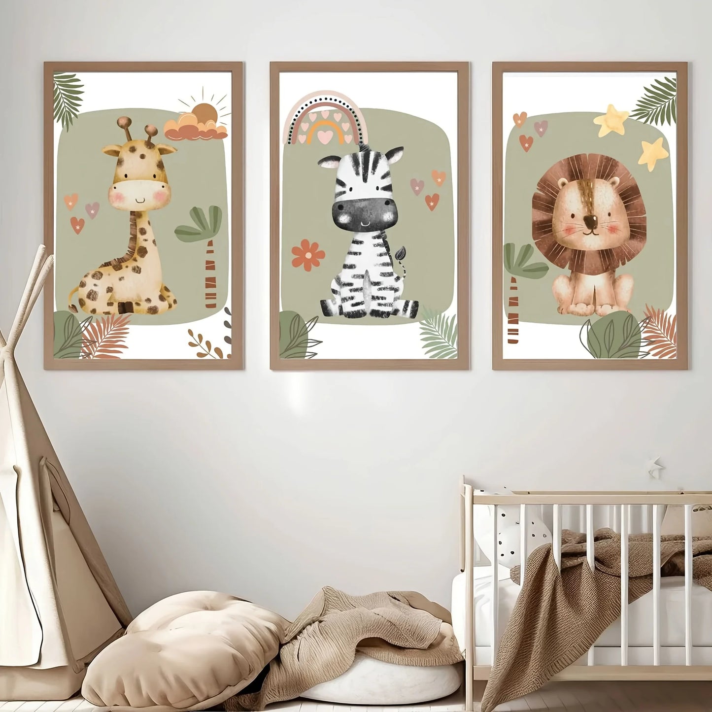 3pcs/set Giraffe Lion and Zebra Animal Canvas Print Safari Wall Art Kindergarten Poster for Modern Living Room Nursery Home Decor-HomeDecorDecals_com
