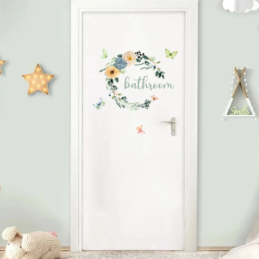 1Pc Watercolor Flower Wreath Butterfly Pattern Wall Stickers for Bathroom Decoration Wall Decals Home Decor Living Room-HomeDecorDecals_com