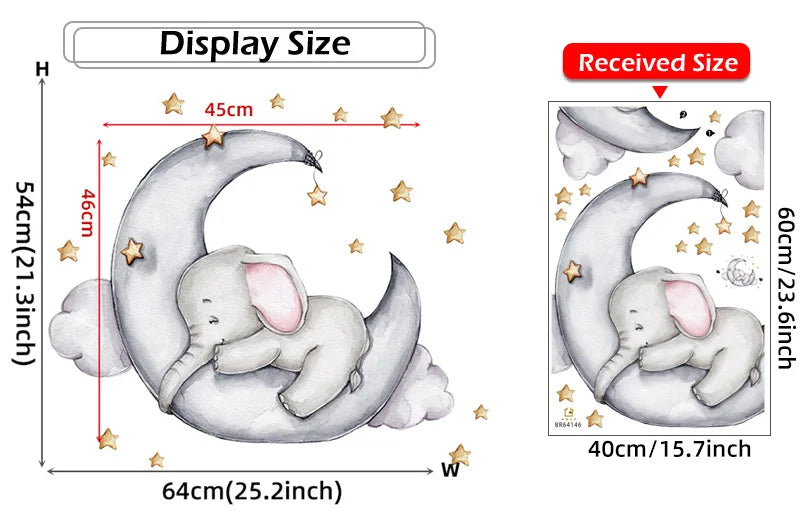 Cartoon Grey Baby Elephant Moon Gold Stars Wall Stickers for Kids Room Decor Nurserry Wall Decals Girl Boy Room Decorative-HomeDecorDecals_com