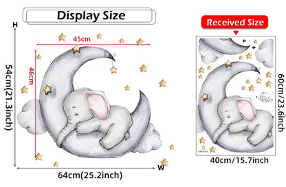 Cartoon Grey Baby Elephant Moon Gold Stars Wall Stickers for Kids Room Decor Nurserry Wall Decals Girl Boy Room Decorative-HomeDecorDecals_com