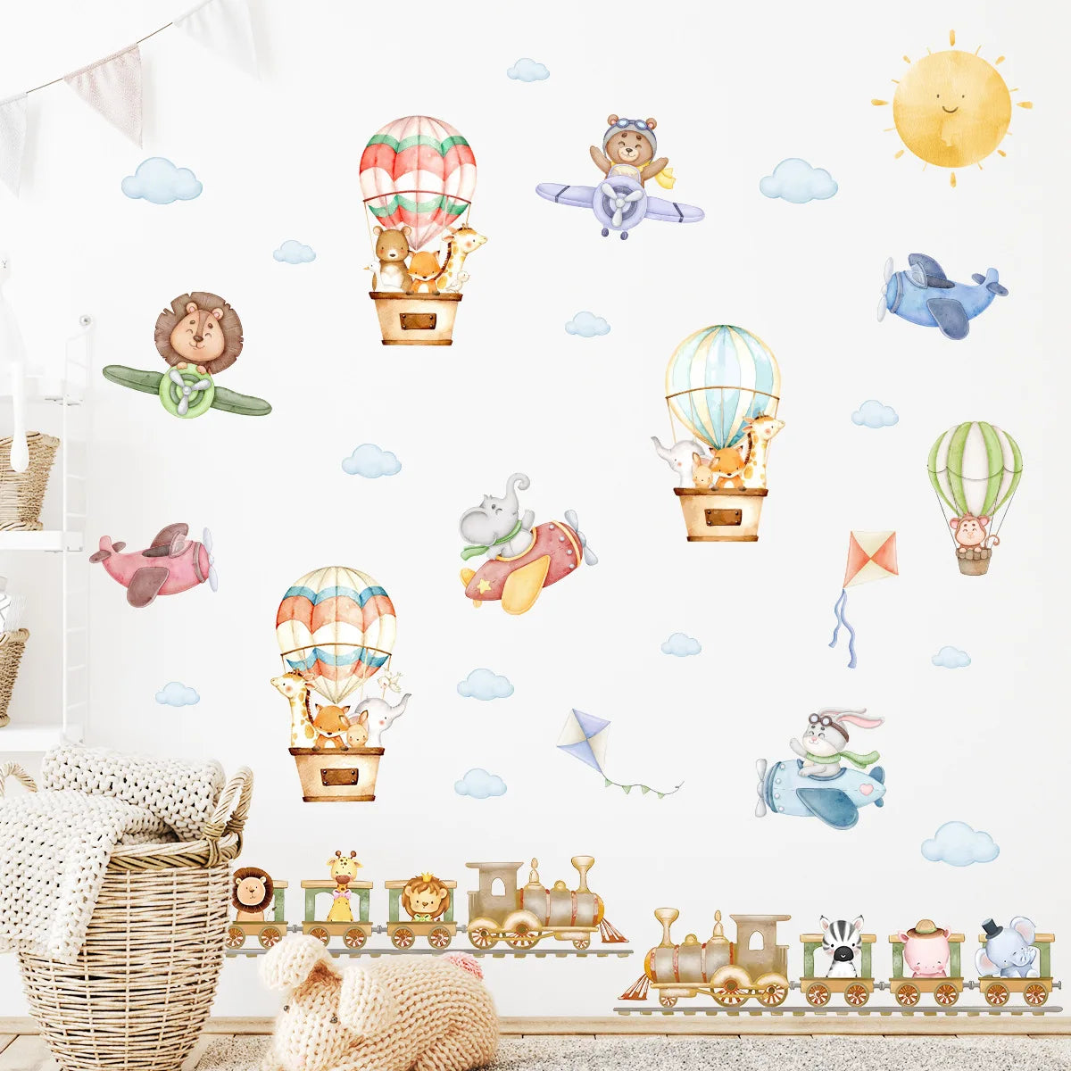 Children's Room Wall Stickers Cartoon Animals on Train Airplane Hot Air Balloon Wall Decals Baby Nursary Kindergarten Decoration-HomeDecorDecals_com