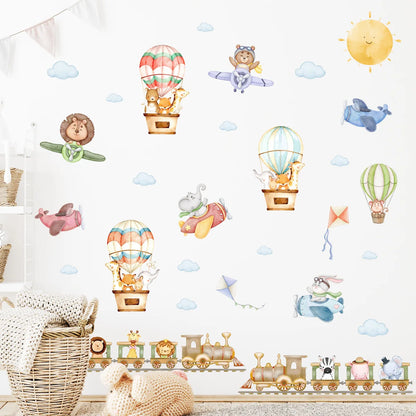 Children's Room Wall Stickers Cartoon Animals on Train Airplane Hot Air Balloon Wall Decals Baby Nursary Kindergarten Decoration-HomeDecorDecals_com