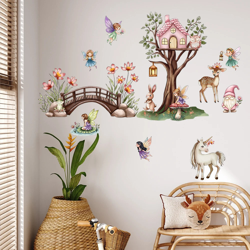 Unicorn Flower Fairy Wall Stickers In The Forest Are Used For Artistic Home Decoration In Baby Daycare And Children's Rooms-HomeDecorDecals_com