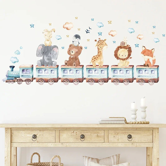 Watercolor Cartoon Animals on the Train Bear Elephant Giraffe Wall Stickers for Kids Room Baby Nursery Room Bedroom Wall Decals-HomeDecorDecals_com