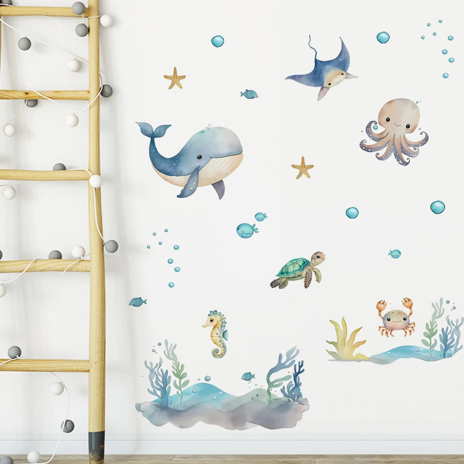 Additional view of Watercolour Cartoon Cute Marine Animals Wall Decal | Home Decor by HomeDecorDecals.