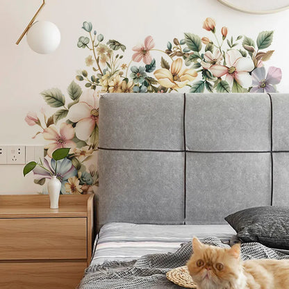 Close-up view of Painted Flowers and Green Leaf Wall Decal | Home Decor by HomeDecorDecals.