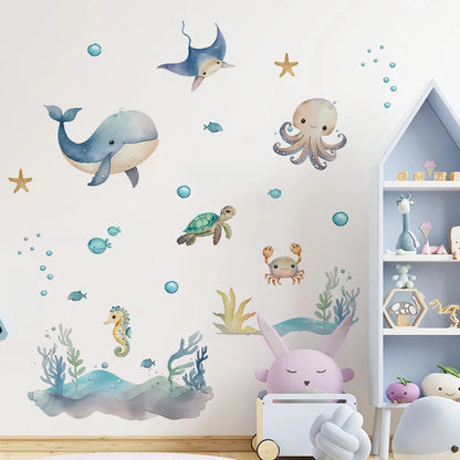 Watercolour Cartoon Cute Marine Animals Wall Decal | Home Decor displayed in room decor by HomeDecorDecals.