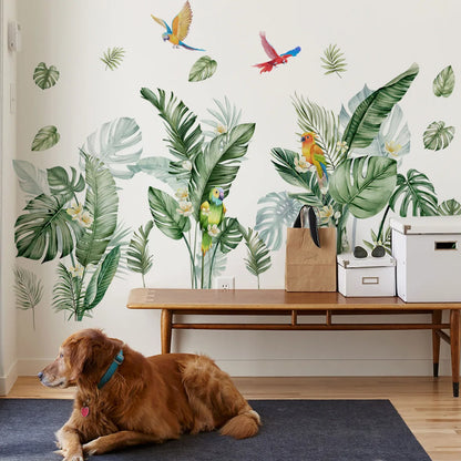 Tropical Leaves and Bird Wall Decal | Home Decor removable peel and stick wall decal by HomeDecorDecals.