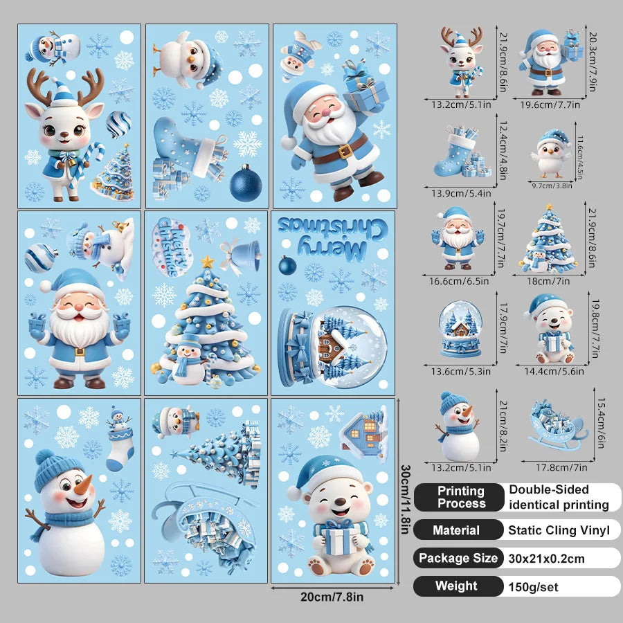9 sheets/set Green Christmas Window Clings With Santa Penguin Reindeer Tree Static Cling Stickers For Kids' Room Window-HomeDecorDecals_com