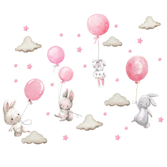 Watercolour Pink Balloon Bunny Wall Stickers-HomeDecorDecals_com