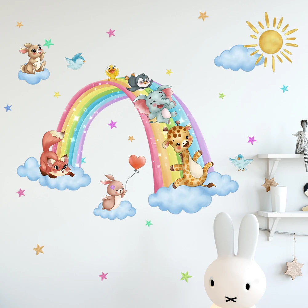 Animals on Rainbow Clouds Wall Decal | Home Decor displayed in room decor by HomeDecorDecals.