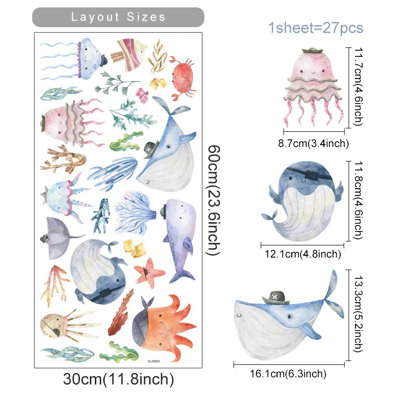 Watercolor Cartoon Ocean Fish Animal Wall Sticker Living Room Bedroom Sea Life Beach Landscape Wall Decal Home Decor-HomeDecorDecals_com