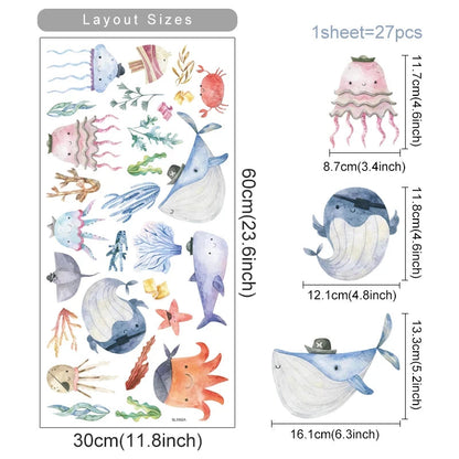 Watercolor Cartoon Ocean Fish Animal Wall Sticker Living Room Bedroom Sea Life Beach Landscape Wall Decal Home Decor-HomeDecorDecals_com