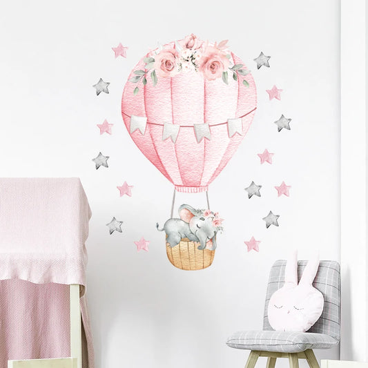 Watercolor Pink Hot Air Balloon Wall Stickers for Baby Nursery Room Decoration Wall Decals Baby Elephant Home Decoration PVC-HomeDecorDecals_com