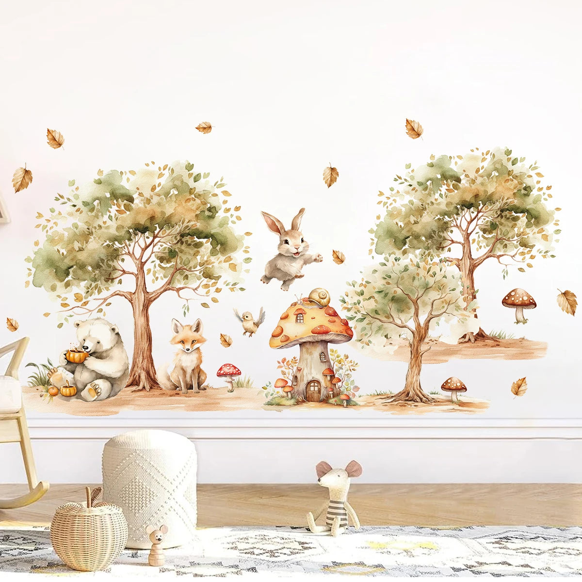 2Pcs Rural Tree Fox Rabbit Bear Wall Stickers Baby Room Decor for Home Decoration Essentials Kids Room Wall Decals Living Room-HomeDecorDecals_com