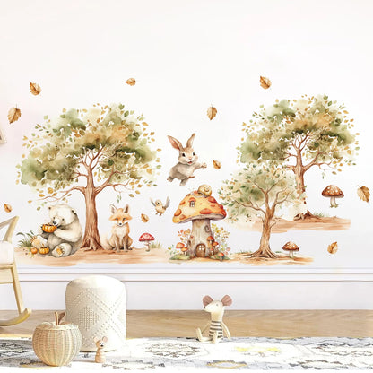 2Pcs Rural Tree Fox Rabbit Bear Wall Stickers Baby Room Decor for Home Decoration Essentials Kids Room Wall Decals Living Room-HomeDecorDecals_com