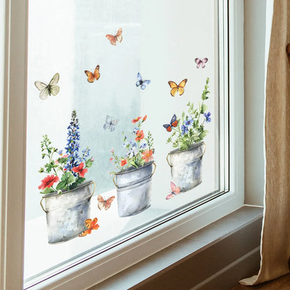 Close-up view of Iron Bucket Flower Pot and Butterfly Wall Decal | Home Decor by HomeDecorDecals.