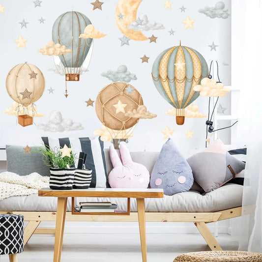 Large Hot Air Balloons Moon Cloud Wall Sticker Baby Nursery Kids Room Watercolor Vintage Air Balloons Star Moon Wall Decal Decor-HomeDecorDecals_com