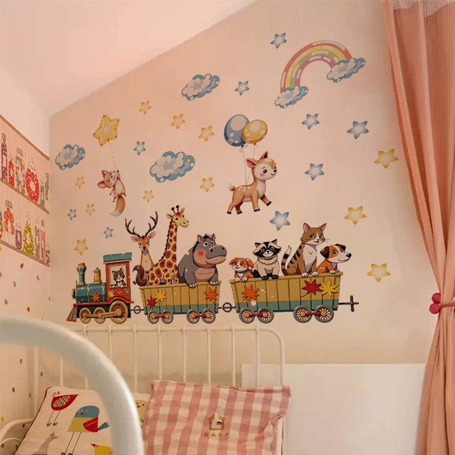 30*90cm Cartoon Animal Train Wall Sticker Removable PVC Wall Decoration For Nursery Room Kids Bedroom Home Decor-HomeDecorDecals_com