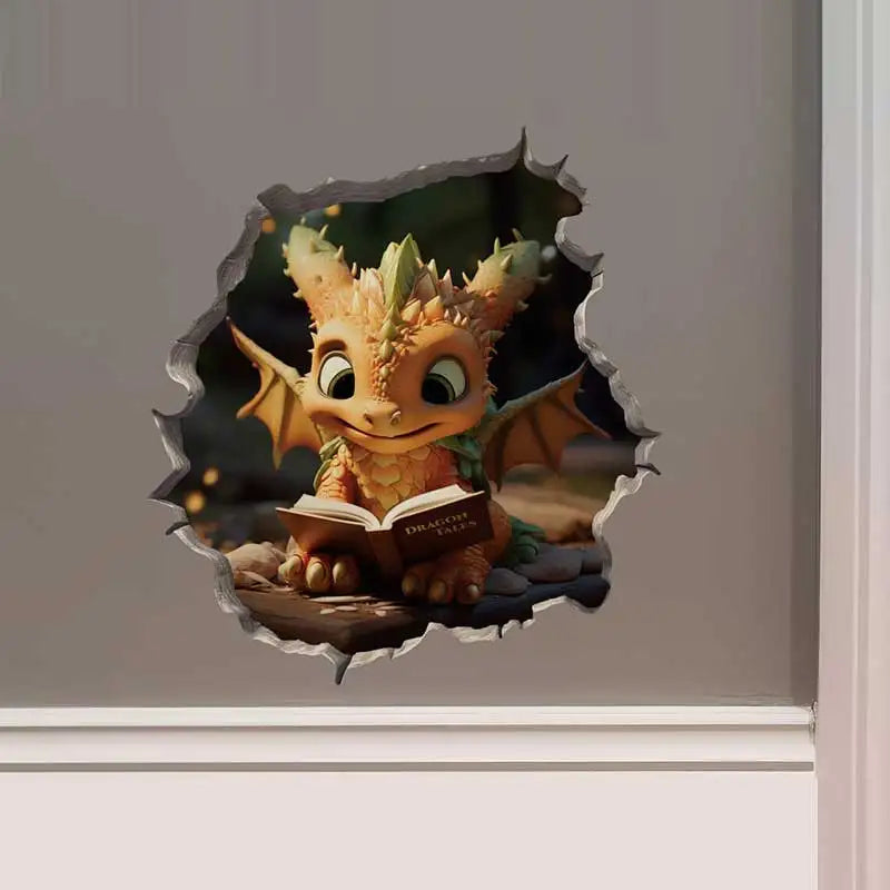 Dragon Parent and Child Reading in Wall Hole Decal | Home Decor displayed in room decor by HomeDecorDecals.