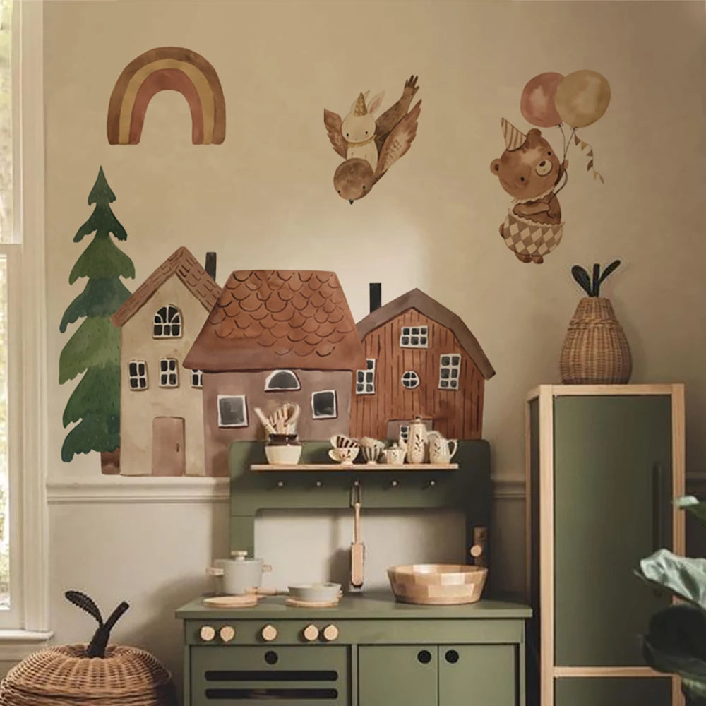 Small Town Wall Decals Animals Vinyl Nordic Style Wall Stickers Peel and Stick for Nursery Bedroom Kid Room Home Art Decor-HomeDecorDecals_com
