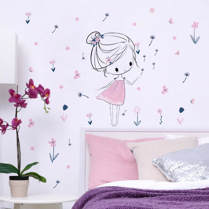 Cartoon girl dandelion Wall Stickers Creative Home Wall Decor Self-adhesive Kids Room Decoration Bedroom Background Wall Decor-HomeDecorDecals_com