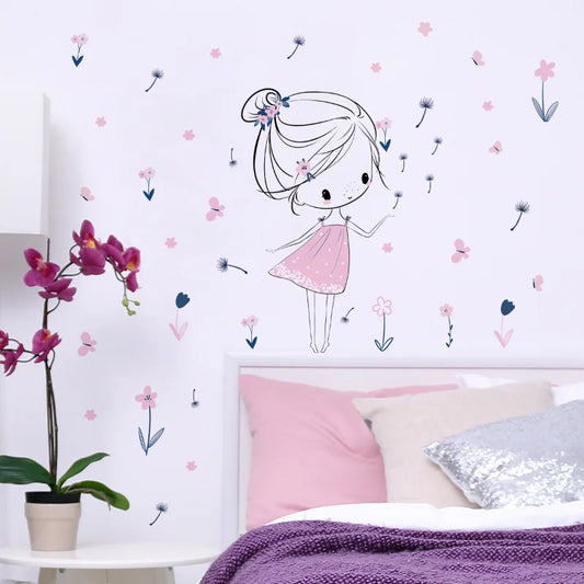 Cartoon girl dandelion Wall Stickers Creative Home Wall Decor Self-adhesive Kids Room Decoration Bedroom Background Wall Decor-HomeDecorDecals_com