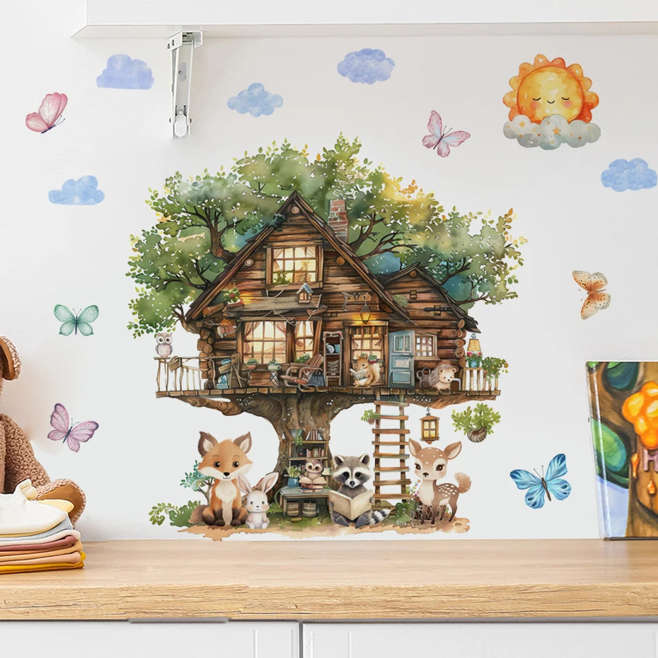 Animals reading in the fairytale tree house Wall Sticker Vinyl Baby Nursery Art Decals for Kids Room Home Decor-HomeDecorDecals_com