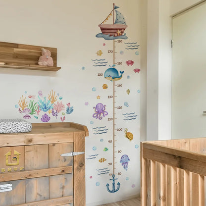 Cartoon Ocean Animal Growth Chart - Whale Dolphin Removable Height Ruler Sticker, Kids Room Marine Decor Wall Art Decals-HomeDecorDecals_com