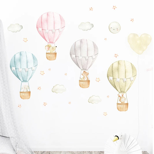 4pcs Watercolor Pink Blue Hot Air Balloon Animals Stars Wall Stickers for Kids Room Baby Nursery Room Wall Decals Murals Decor-HomeDecorDecals_com