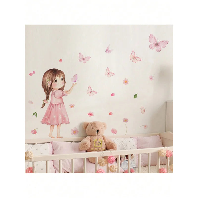 1pcs Charming Cartoon Little Girl With Butterfly Wall Decals Removable Self-Adhesive Kids Room Decor For Girls Bedroom-HomeDecorDecals_com