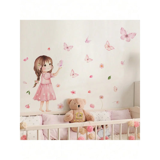 1pcs Charming Cartoon Little Girl With Butterfly Wall Decals Removable Self-Adhesive Kids Room Decor For Girls Bedroom-HomeDecorDecals_com