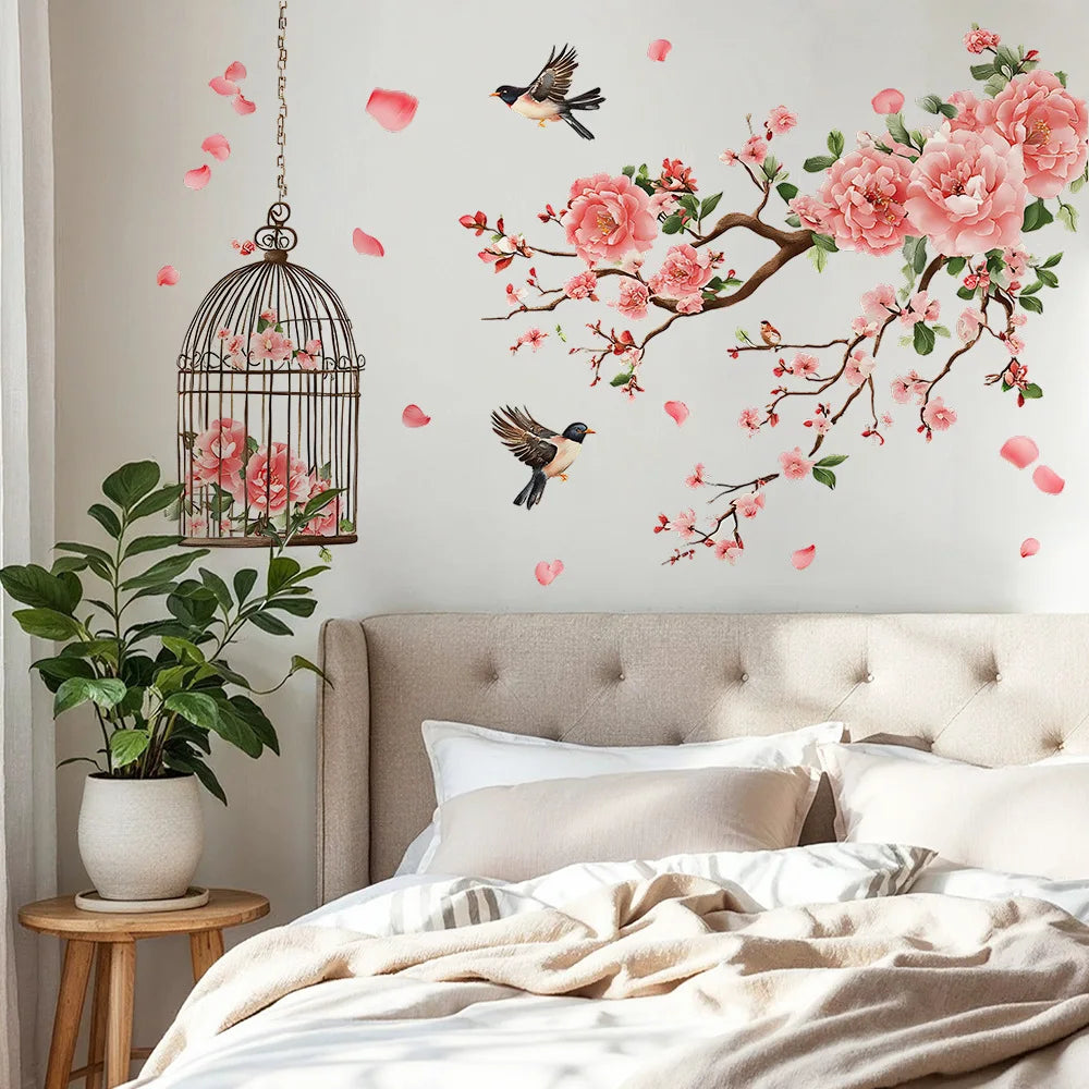 Pink Tree Branches Birds Butterflies Elf Girls Meet Wall Stickers Bedroom Children's Room Home Wall Decoration Self-adhesive-HomeDecorDecals_com
