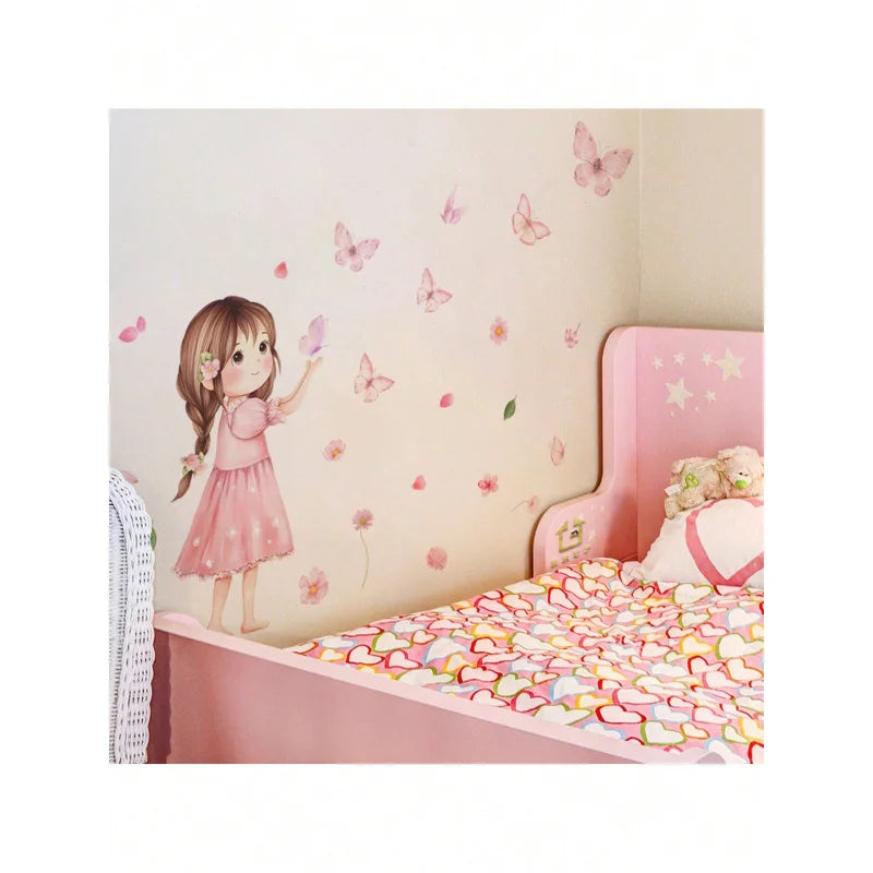 1pcs Charming Cartoon Little Girl With Butterfly Wall Decals Removable Self-Adhesive Kids Room Decor For Girls Bedroom-HomeDecorDecals_com