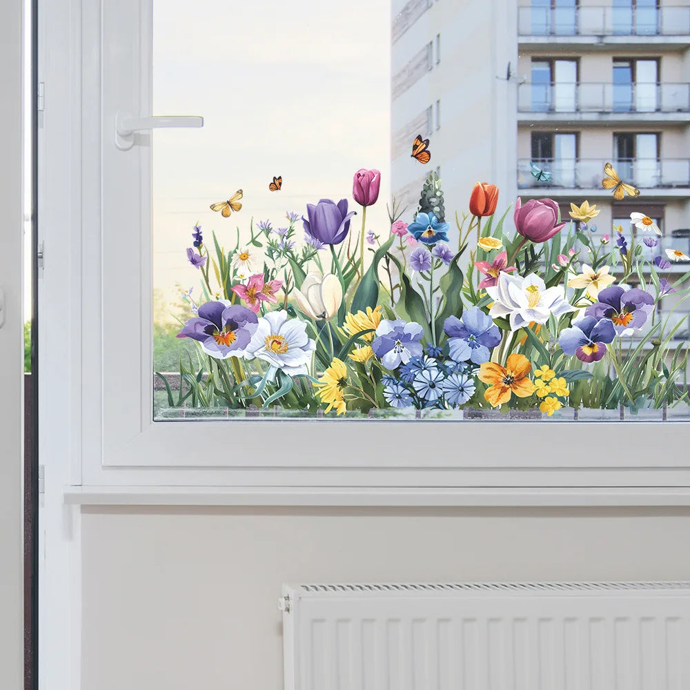 Close-up view of Tulip and Butterfly Window Glass Decal | Home Decor by HomeDecorDecals.